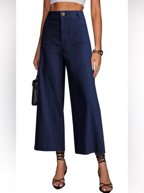 Miduo High-Waisted Wide-Leg Cropped Navy Pants